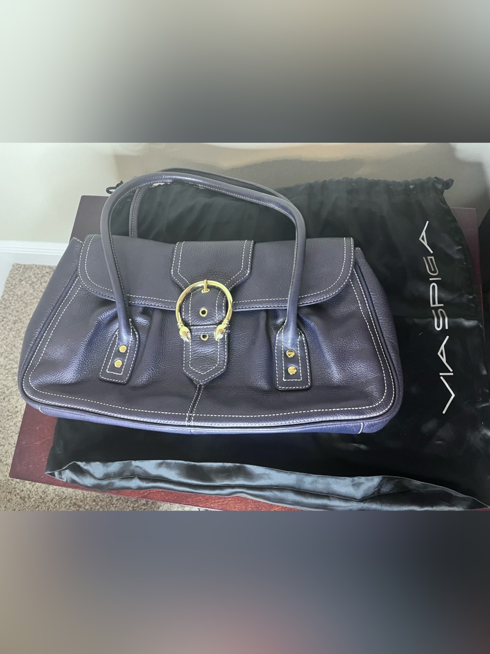 Via Spiga Deep Purple Leather Shoulder Bag with Gold Buckle